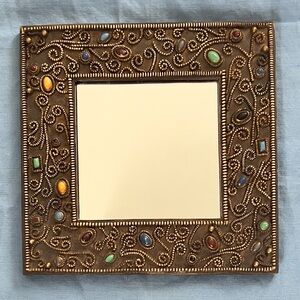 Vintage Tibetan Melong Mirror – Handcrafted 6x6 Filigree with Stone Inlays